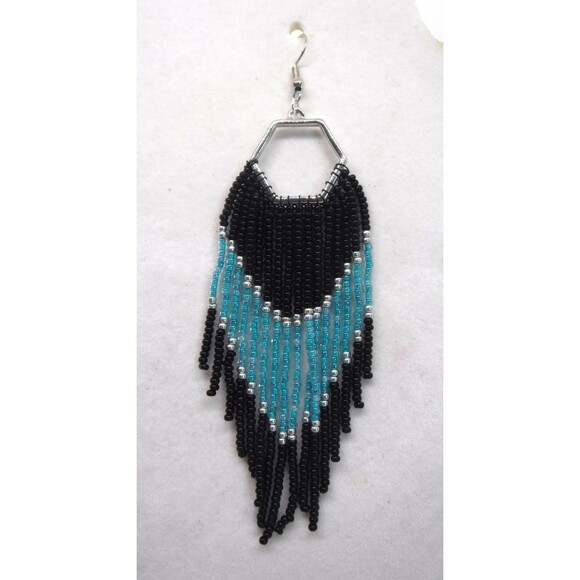 Earrings Beaded Black, Teal & Silver - Picture 2 of 3